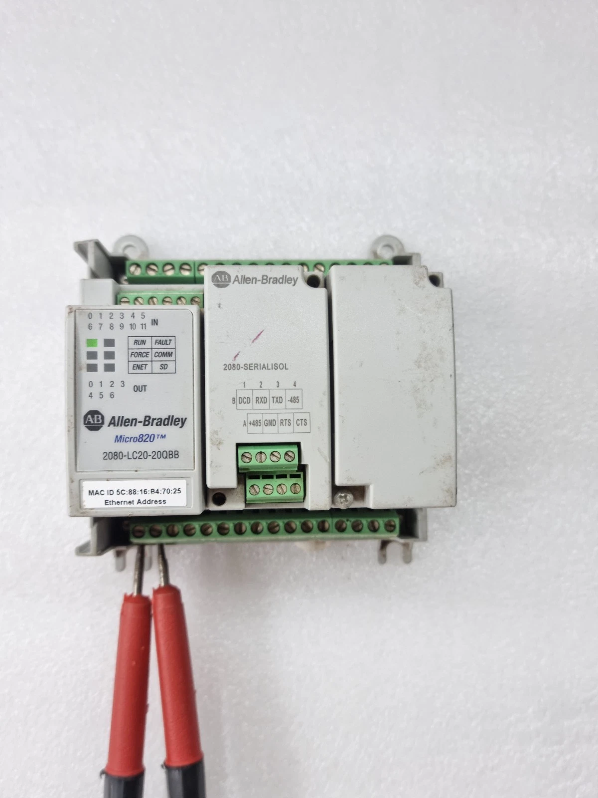 USED WORKING ALLEN BRADLEY 2080-LC20-20QBB MICRO820 WITH 2080-SERIALISOL MODULE